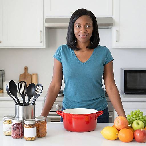 Photograph of a smiling Black woman in a blue V-neck shirt, standing in a bright white kitchen, cooking with red pot and assorted fruit and spices