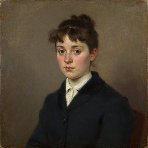 Photorealistic oil painting of a young boy with dark curly hair, fair skin, wearing a black coat over a white shirt, against a brown background