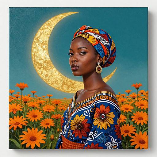 Vibrant African Woman with Floral Moon