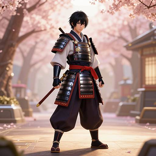Digital art of a samurai with black hair, wearing armor and hakama, standing under cherry blossom trees with a katana sheathed.