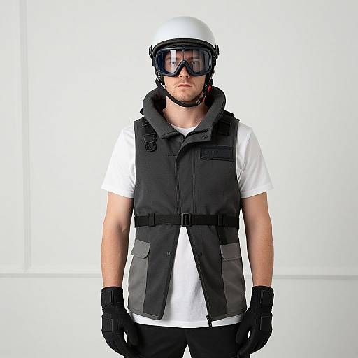 Photograph of a man wearing a white helmet, black goggles, white shirt, black tactical vest, black gloves, and black pants, standing against a
