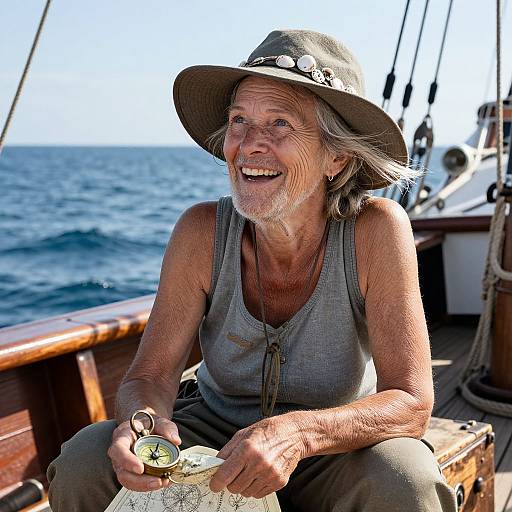 Photograph of an elderly white woman with gray hair and beard, smiling on a sailboat, wearing a gray tank top and wide-brimmed hat