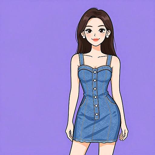Digital anime-style drawing of a smiling woman with long brown hair, wearing a blue denim dress with buttons, against a purple background.