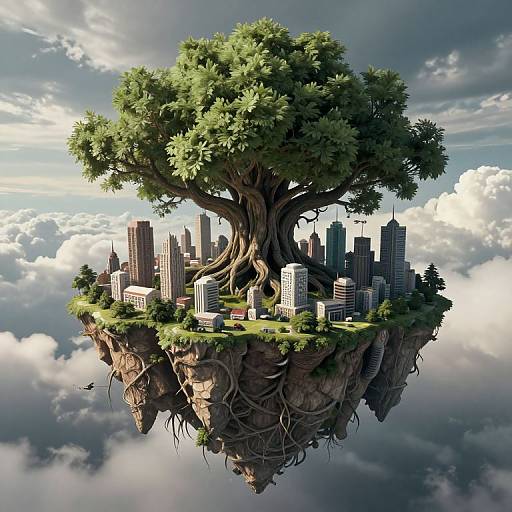 Digital artwork of a floating island with a massive tree, roots dangling, surrounded by a miniaturized cityscape amidst cloudy sky.