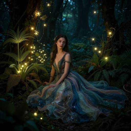 Photograph of a fair-skinned woman with long brown hair, wearing a shimmering, multi-colored gown, surrounded by glowing fireflies in a dark