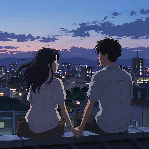 Anime-style drawing of a couple sitting on a rooftop at dusk, holding hands, overlooking a city skyline with colorful twilight sky.