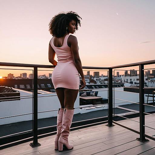 Woman in Pink Dress and Boots on Rooftop at Sunset