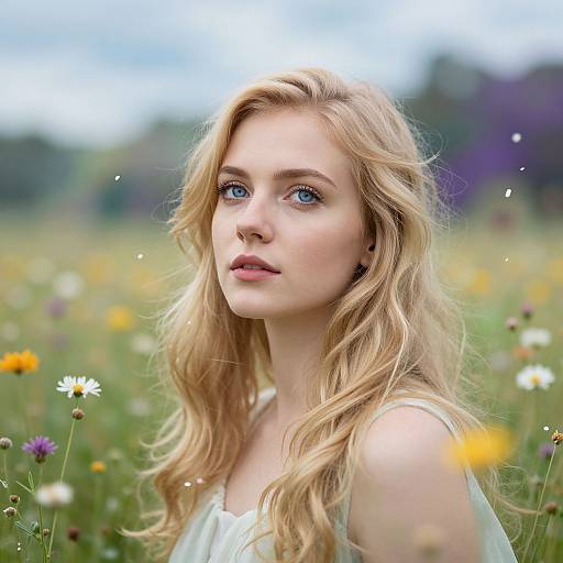 Photograph of a blonde, blue-eyed woman with wavy hair, wearing a white top, standing in a colorful meadow of wildflowers.