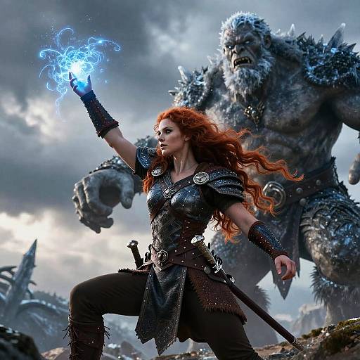 Red-haired warrior woman casting blue magical spell, wearing black armor, facing massive, muscular, grey-skinned monster in stormy, battle-scarred
