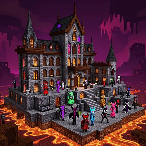 Pixel art of a gothic, multi-towered castle with colorful, anthropomorphic characters on a glowing lava-lit plaza at twilight.