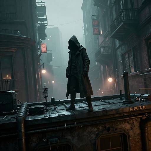 Cyberpunk cityscape photograph: Silhouetted figure in hooded coat stands on wet, metal rooftop; misty, blue-lit alley