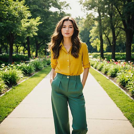 Young Woman in Chino Pants Standing on Park Path