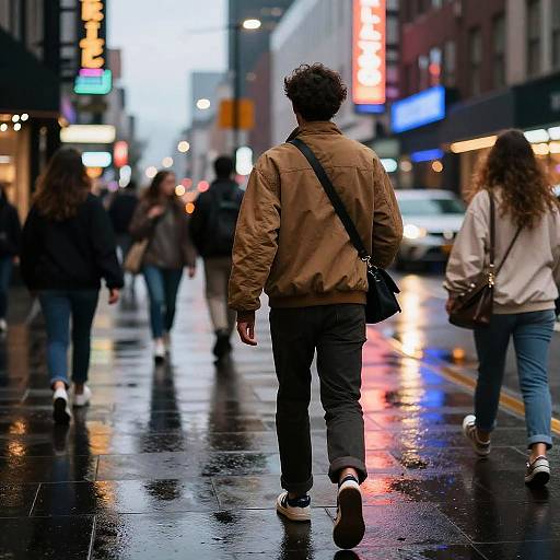 Photograph of a person with curly hair, brown jacket, and black pants walking on a wet, reflective city street at night, surrounded by blurred,