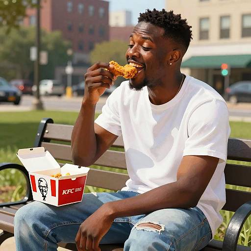 Photograph of a Black man with short curly hair and beard, wearing a white t-shirt and ripped jeans, eating fried chicken from a red and white
