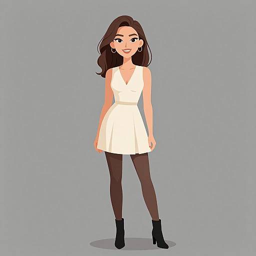 Digital illustration of a smiling woman with long brown hair, wearing a white sleeveless dress, black tights, and black ankle boots, against a plain