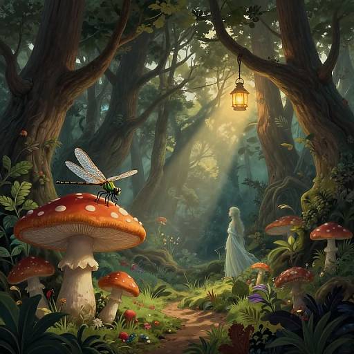 Enchanting forest scene with glowing lantern, giant red mushrooms, delicate fairy, dragonfly, and sunlight filtering through dense trees. Digital fantasy art.