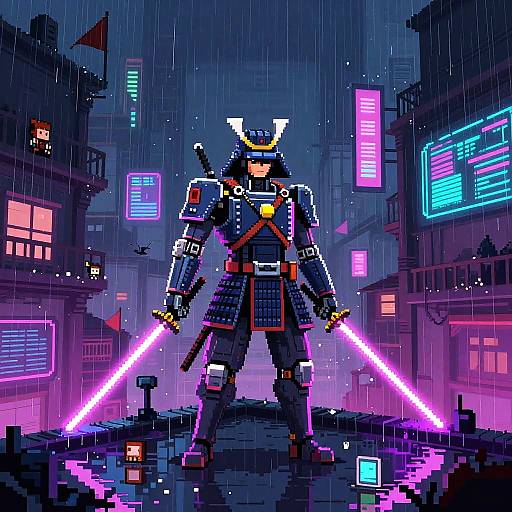 Cybernetic Samurai Pixel Noir Scene