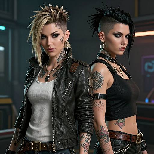 Digital artwork of two punk-rock women with mohawks, tattoos, leather jackets, and black tank tops, standing back-to-back in a dimly lit