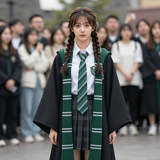Photograph of an Asian girl with braided brown hair, wearing a black graduation gown, green plaid skirt, and striped green tie, standing in