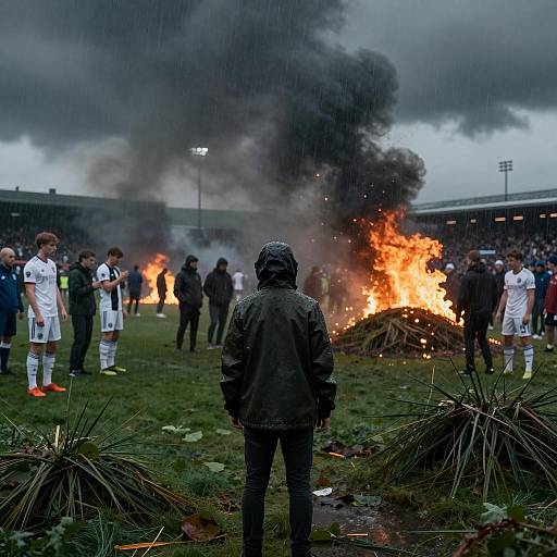 Chaotic Football Pitch Fire Scene in Rain