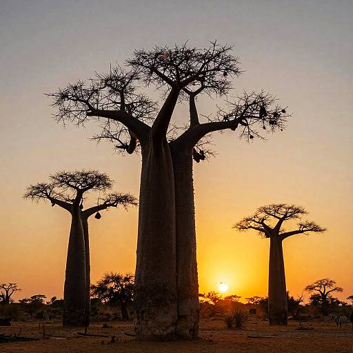 Photograph of a sunset over a savanna, featuring silhouetted baobab trees with sparse branches and a vibrant orange sky.