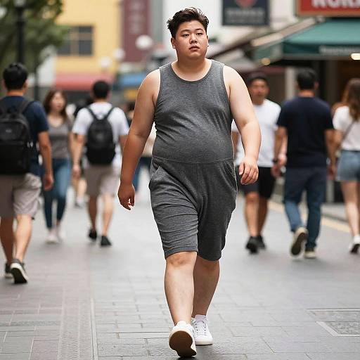 Stylish Man in Grey Romper Walking on City Street