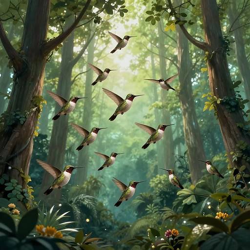 Clockwork Hummingbirds in Surreal Forest