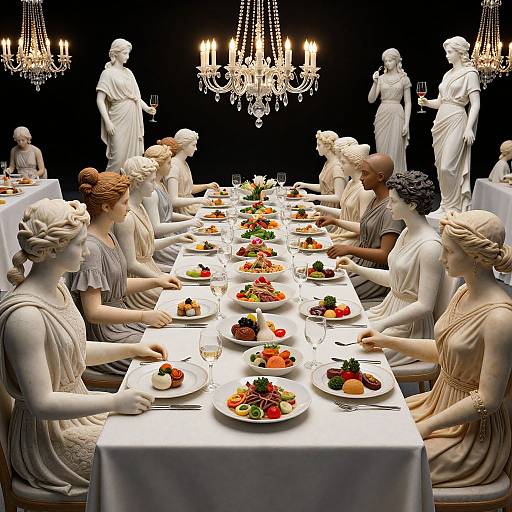 Photograph of a dinner table with white classical statues as diners, elegantly dressed, surrounded by lit chandeliers, plates of colorful, gourmet