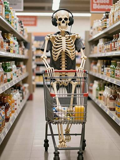 Skeleton Shopping with Headphones in Supermarket