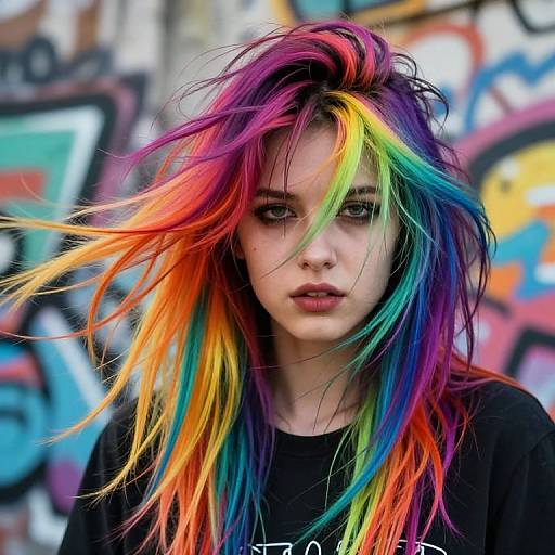 Photograph of a pale-skinned young woman with vibrant, rainbow-colored, messy hair, wearing a black shirt, standing against a colorful graffiti background.