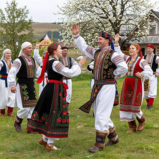 Photograph of traditional Eastern European dancers in colorful folk costumes, white shirts, and black vests, performing outdoors on a grassy field with blooming trees