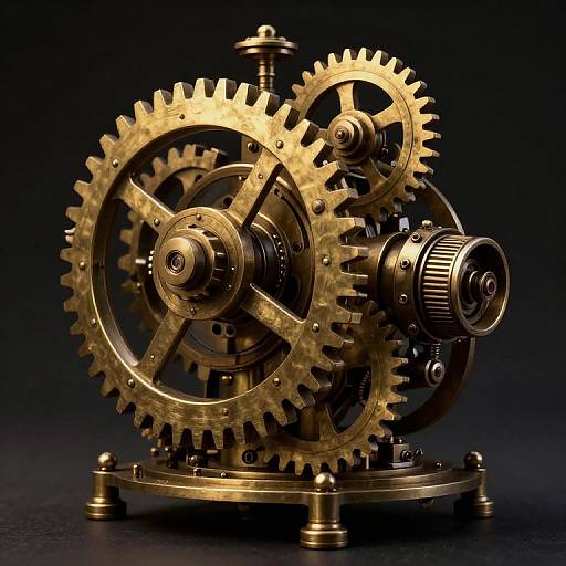 Photograph of intricate, golden mechanical gears with interlocking cogs, set against a dark background. Metallic textures and precise engineering details highlighted.
