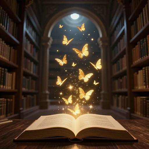 Photograph of an open book on a library floor, with glowing golden butterflies emerging from its pages, under a moonlit archway.