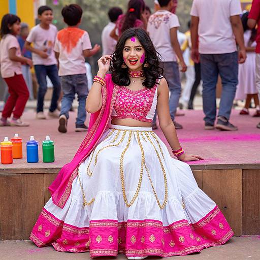 Photograph of a smiling Indian woman in a pink and white traditional lehenga, standing in a colorful, lively outdoor festival.