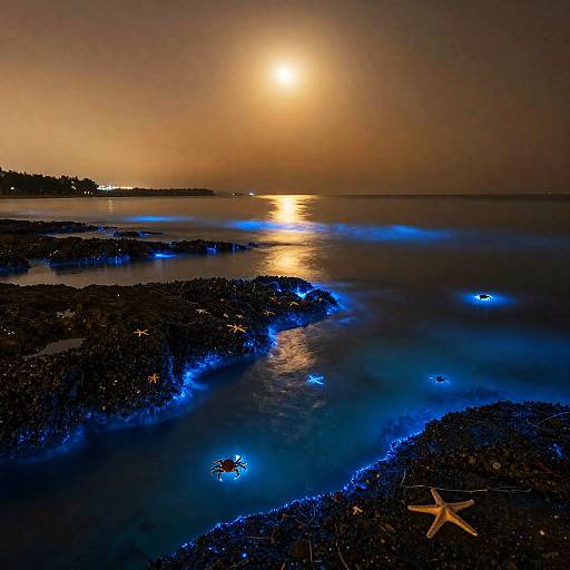 Crescent Moon Bioluminescent Tide on Coast