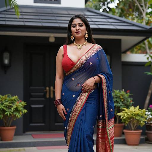 Woman in Embroidered Blue Saree