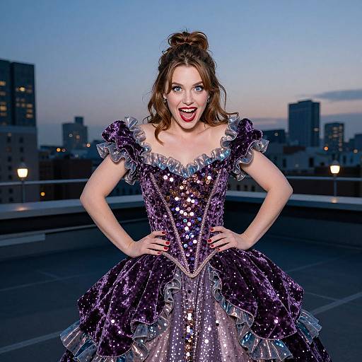 Photograph: Woman with fair skin, brown hair in a bun, wearing a sparkling purple sequin ballgown, hands on hips, open-mouth