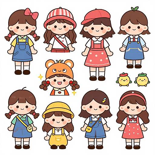 Cute digital cartoon of twelve children, each wearing colorful clothes and hats, standing in rows with simple, cheerful expressions.
