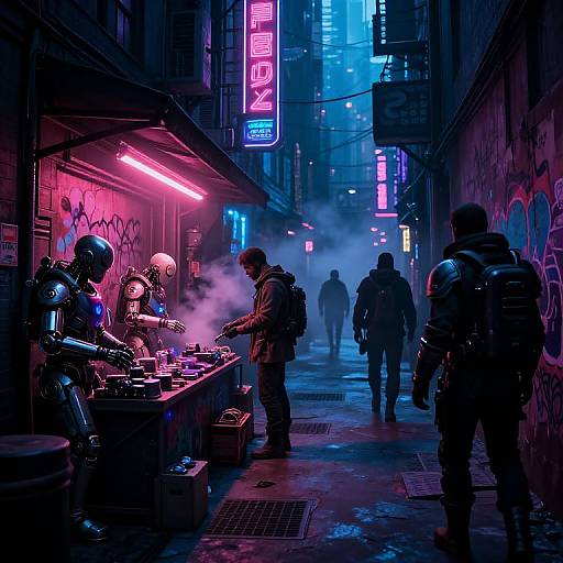 Cyberpunk alley scene: neon-lit street vendor in helmet and robot suit cooking, steam rising, three masked figures in dark clothing, misty