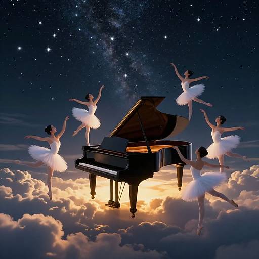 Digital art: Four ballerinas in white tutus dance around a grand piano on a glowing cloud, under a starry night sky.