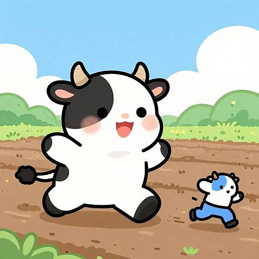 Cute digital drawing of a black-and-white cartoon cow running joyfully on a dirt field, with a blue-and-white chick chasing behind under a bright