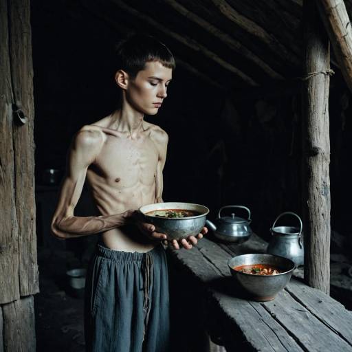 Skinny Young Man Holding Bowl in Rustic Hut