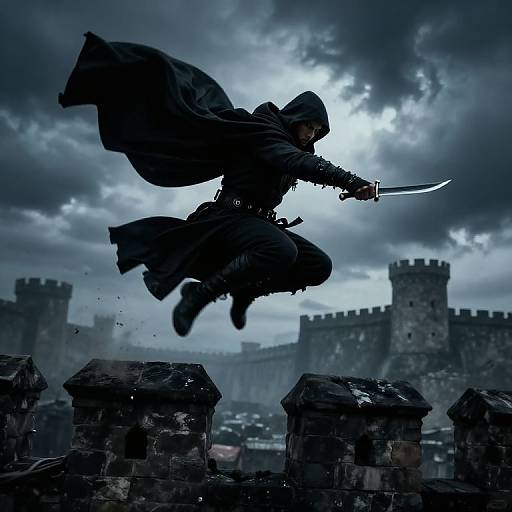 Photograph of a shadowy, hooded ninja mid-air leap, wielding a curved sword, with a stormy sky and medieval castle in the background