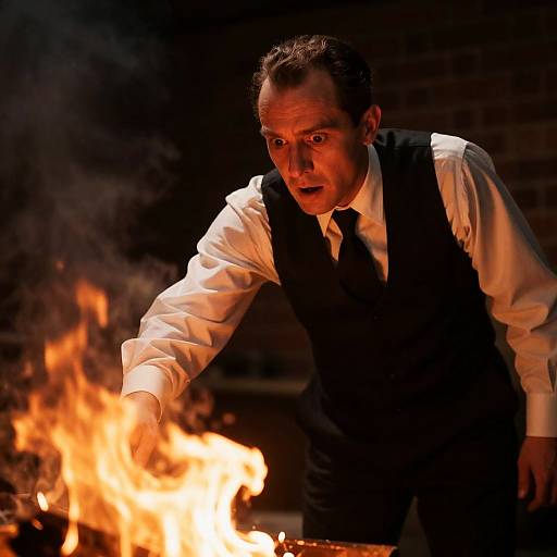 Dramatic Mid-Century Man Facing Fire