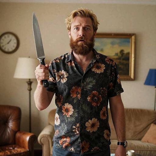 Blond Man Holding Large Knife Indoors