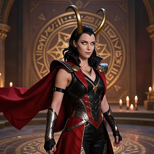 Photograph of a dark-haired woman with gold horns, wearing black and red armor, red cape, in a dimly lit room with candles and a
