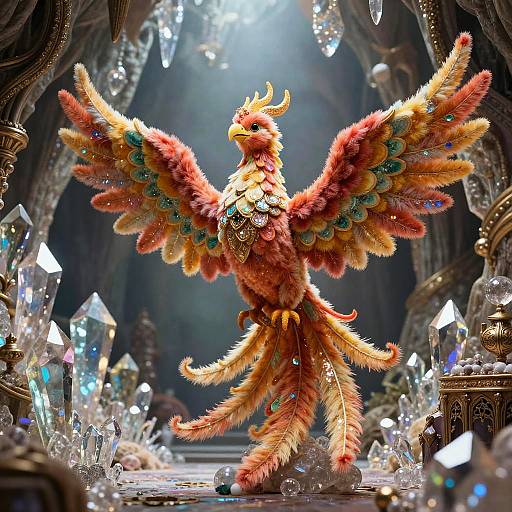 Vibrant, detailed CGI phoenix with multicolored, feathered wings and tail, surrounded by sparkling crystals in a mystical, illuminated cavern.