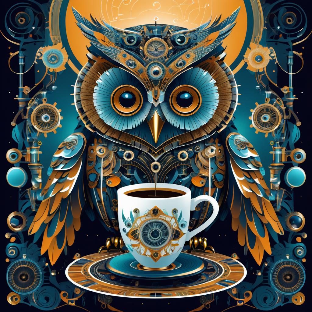 Surreal Robotic Owl Enjoying Coffee