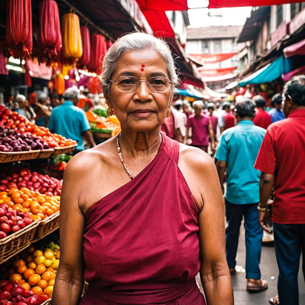 Elderly Woman in Crimson at Market