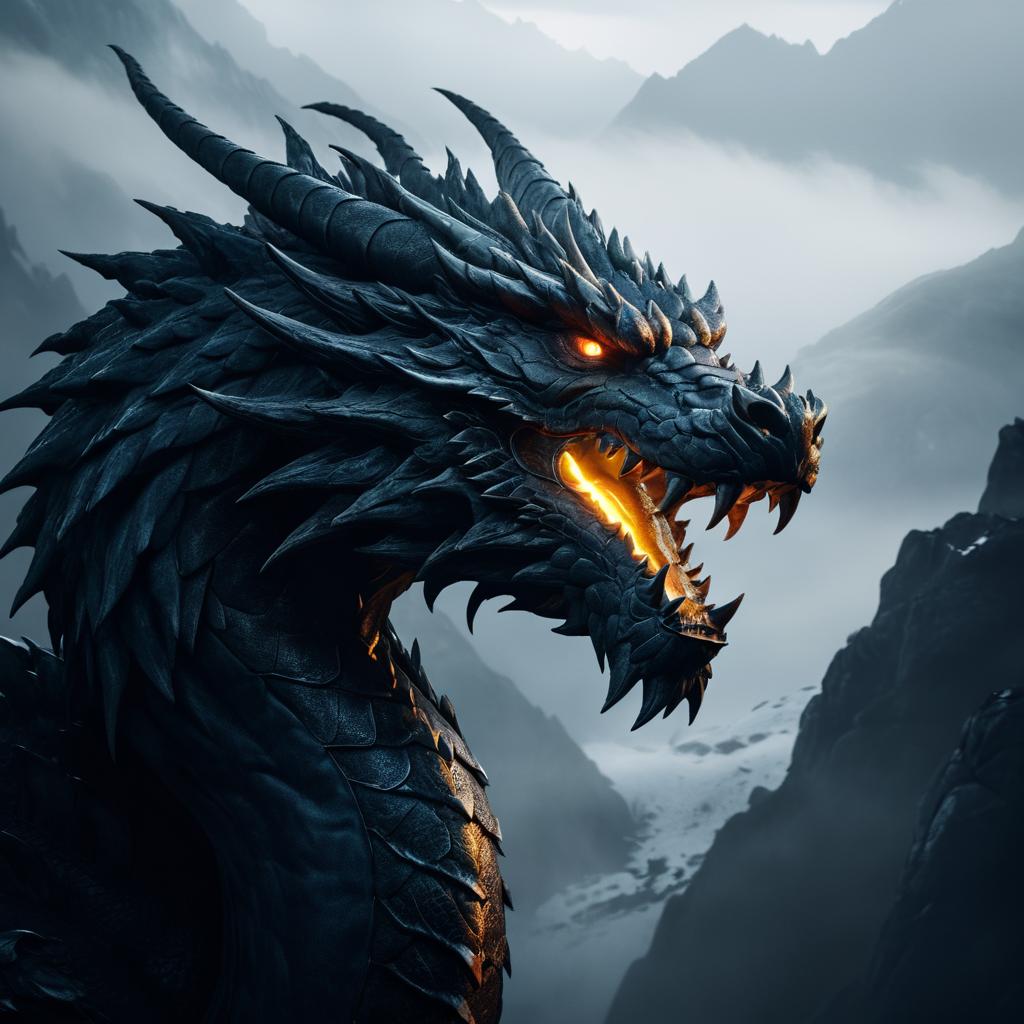 Fierce Dragon Portrait in Misty Mountains